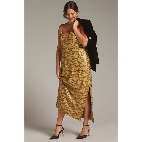 NWT Anthropologie Sequined Design Gold Midi Slip Dress, Size 20W - Picture 1 of 9
